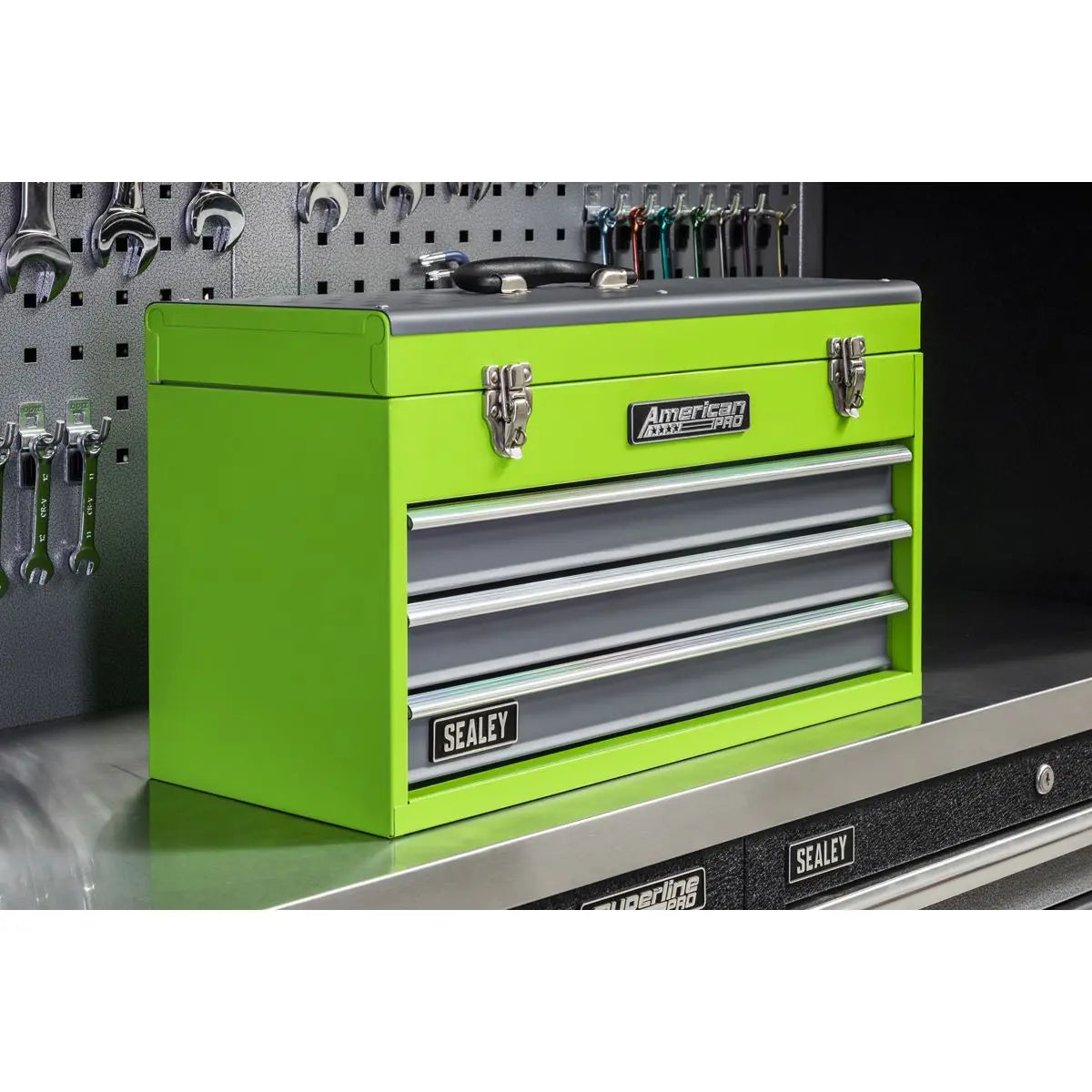 Sealey American Pro Tool Chest 3 Drawer Portable with Ball-Bearing Slides - Green/Grey 