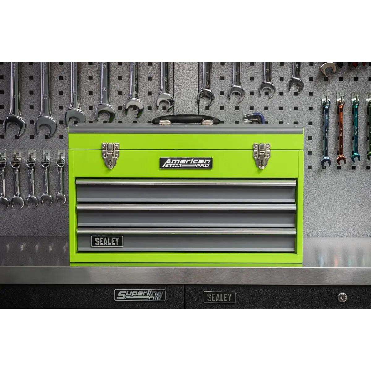 Sealey American Pro Tool Chest 3 Drawer Portable with Ball-Bearing Slides - Green/Grey 