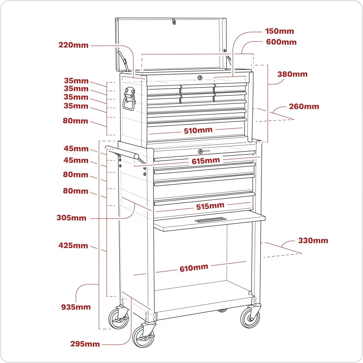 Sealey American Pro Topchest & Rollcab Combination 13 Drawer with Ball-Bearing Slides - Red/Grey 