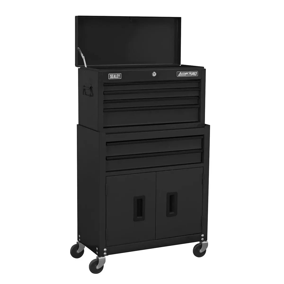 Sealey American Pro Topchest & Rollcab Combination 6 Drawer with Ball-Bearing Slides - Black & 170pc Tool Kit 