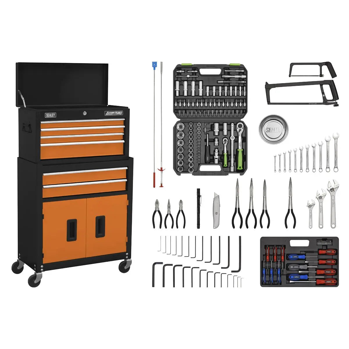 Sealey American Pro Topchest & Rollcab Combination 6 Drawer with Ball-Bearing Slides - Orange/Black & 170pc Tool Kit 