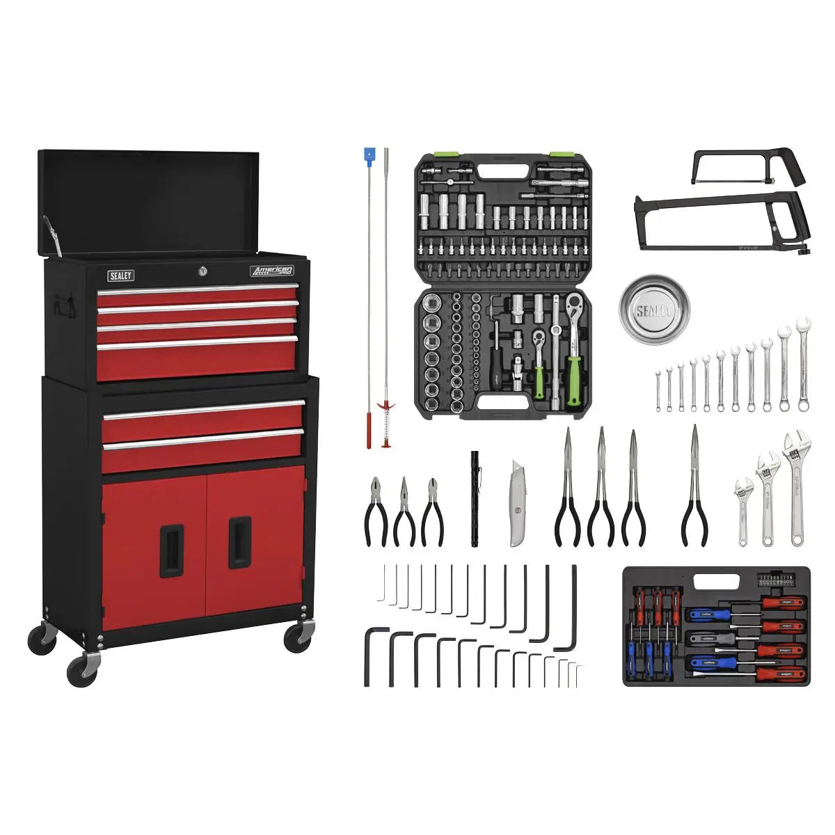 Sealey American Pro Topchest & Rollcab Combination 6 Drawer with Ball-Bearing Slides - Red/Black & 170pc Tool Kit 