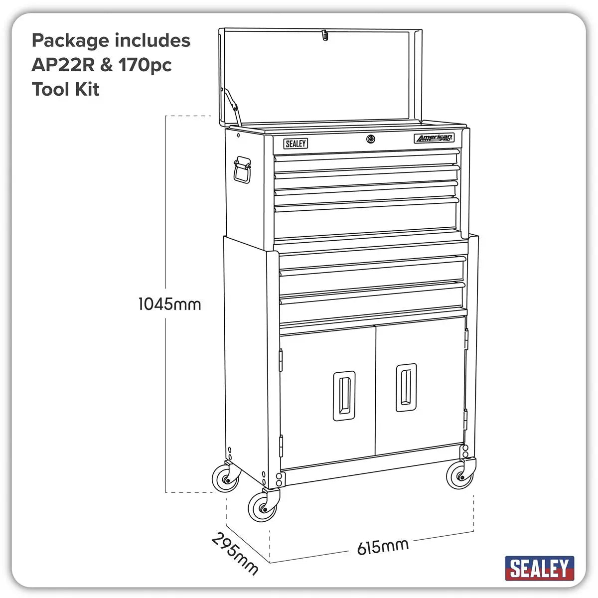 Sealey American Pro Topchest & Rollcab Combination 6 Drawer with Ball-Bearing Slides - Red/Black & 170pc Tool Kit 