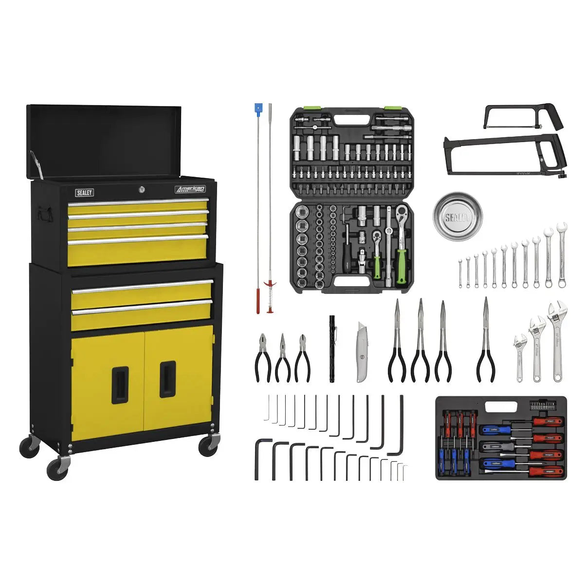 Sealey American Pro Topchest & Rollcab Combination 6 Drawer with Ball-Bearing Slides - Yellow/Black & 170pc Tool Kit 
