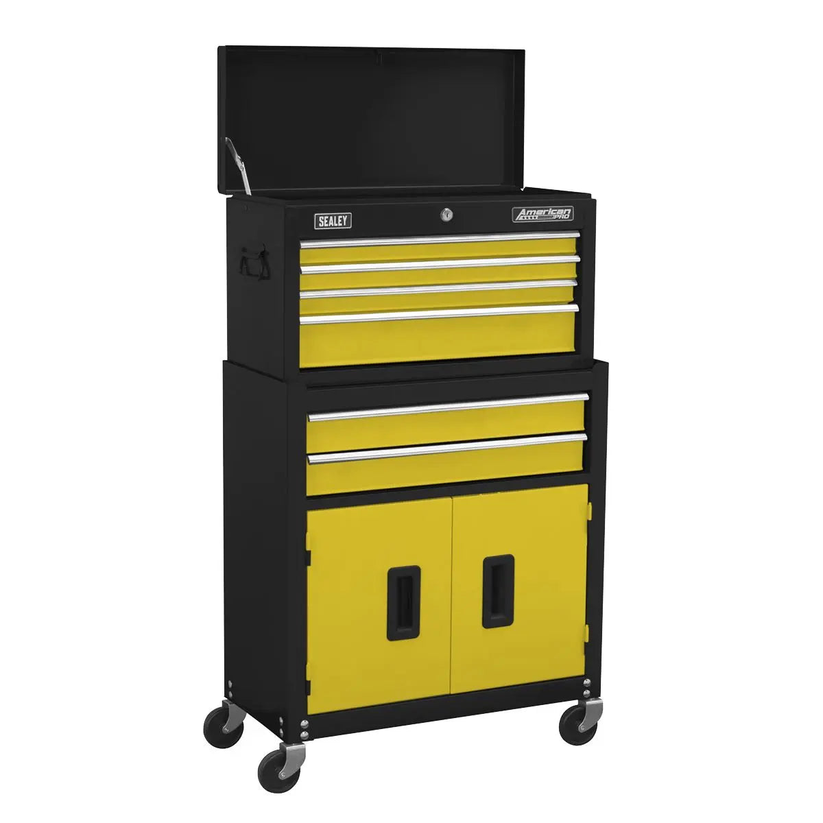 Sealey American Pro Topchest & Rollcab Combination 6 Drawer with Ball-Bearing Slides - Yellow/Black & 170pc Tool Kit 