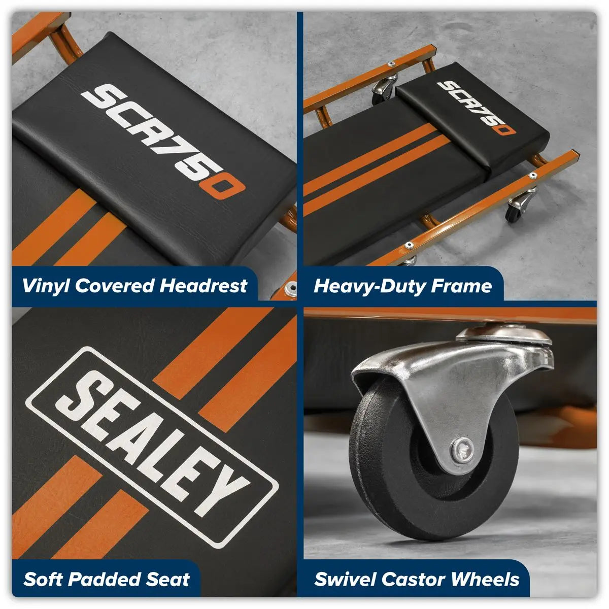 Sealey American-Style Deluxe Creeper 36" with Steel Frame & 6 Wheels - Orange  White Rose Tools