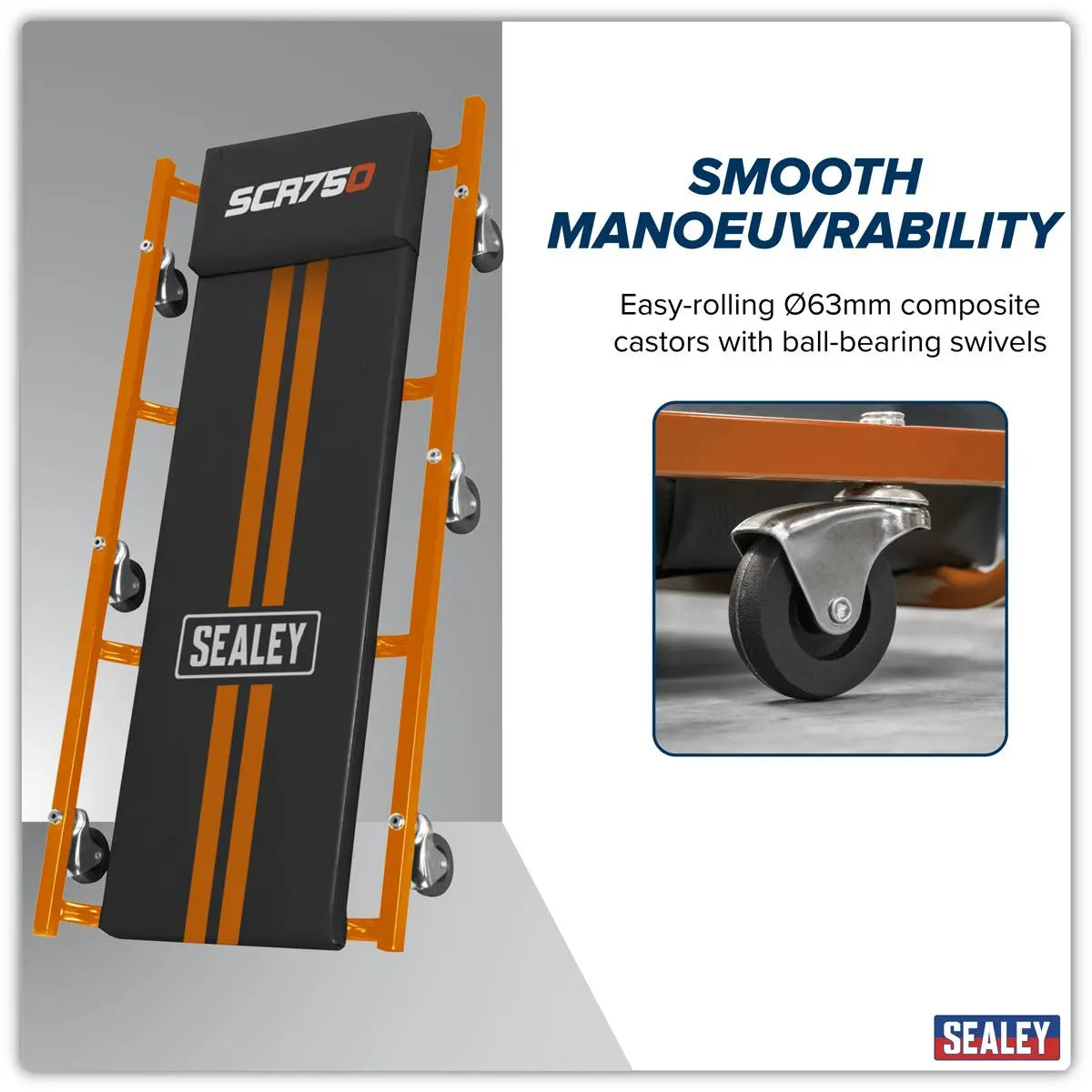 Sealey American-Style Deluxe Creeper 36" with Steel Frame & 6 Wheels - Orange  White Rose Tools