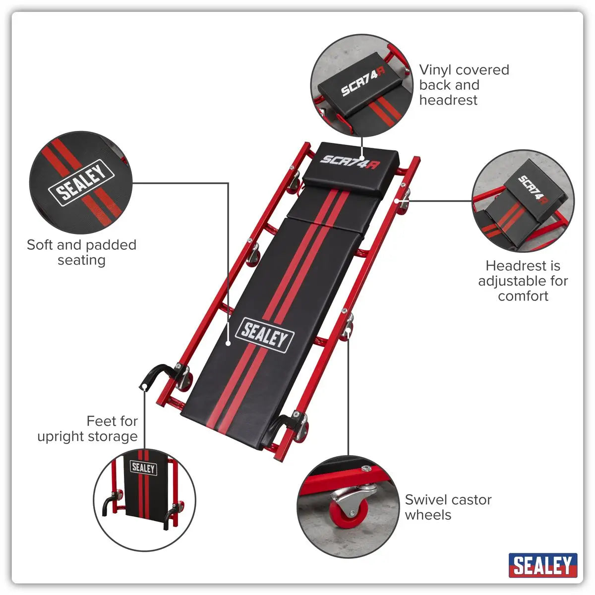 Sealey American-Style Deluxe Creeper with Steel Frame, 6 Wheels & Adjustable Headrest 40  White Rose Tools