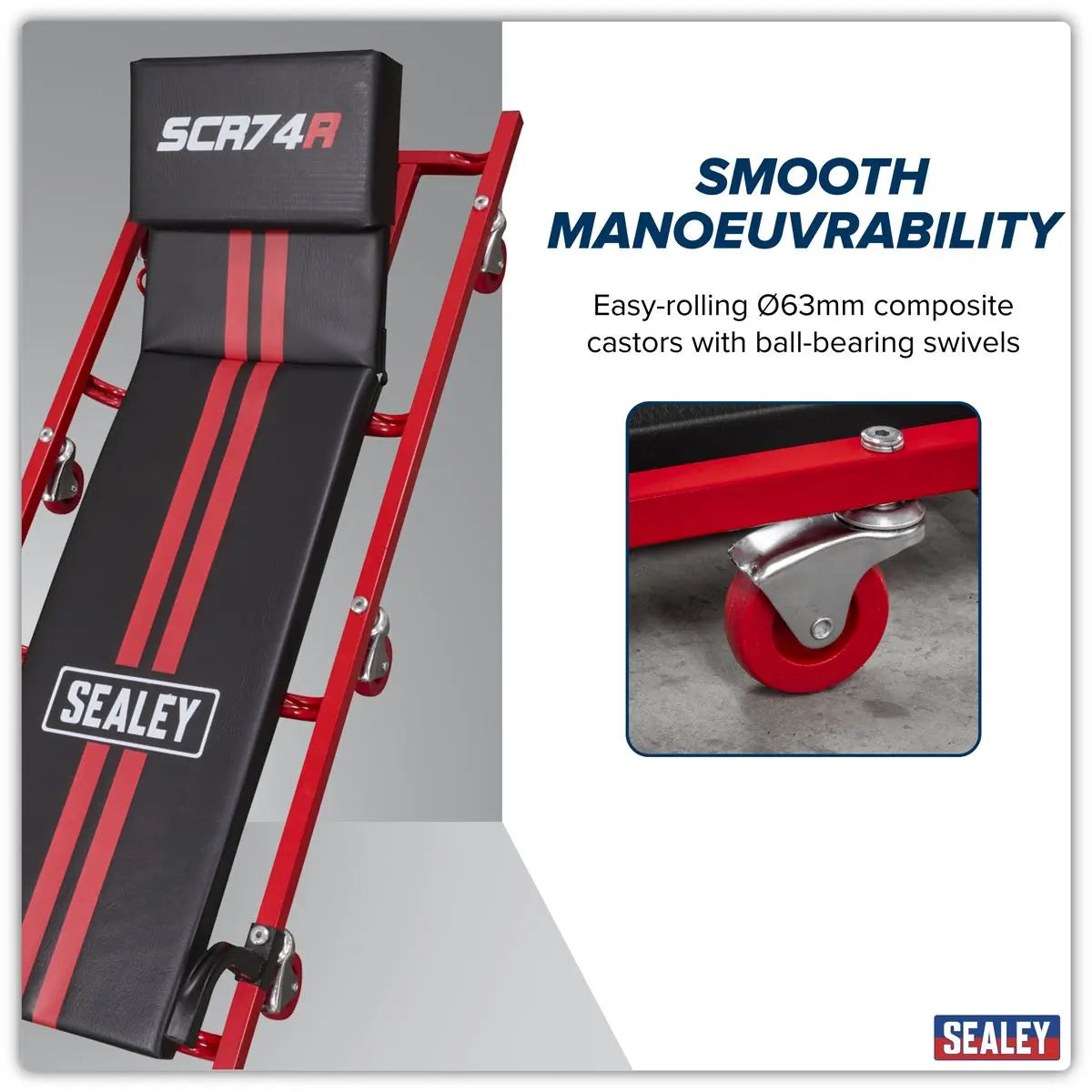 Sealey American-Style Deluxe Creeper with Steel Frame, 6 Wheels & Adjustable Headrest 40  White Rose Tools