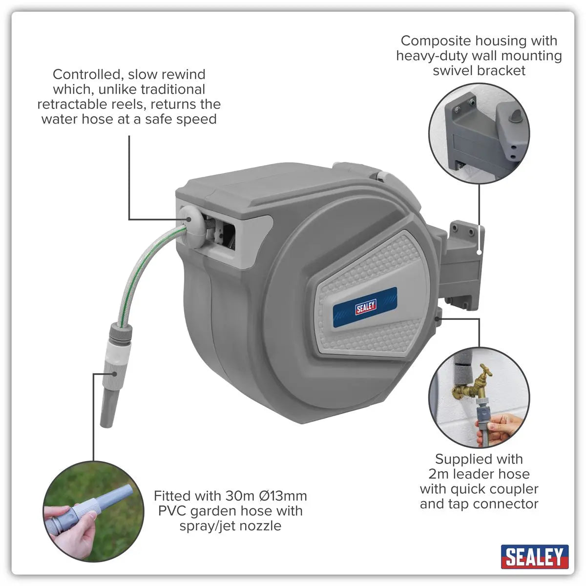 Sealey Auto-Rewind Control Garden Hose Reel 30m  White Rose Tools
