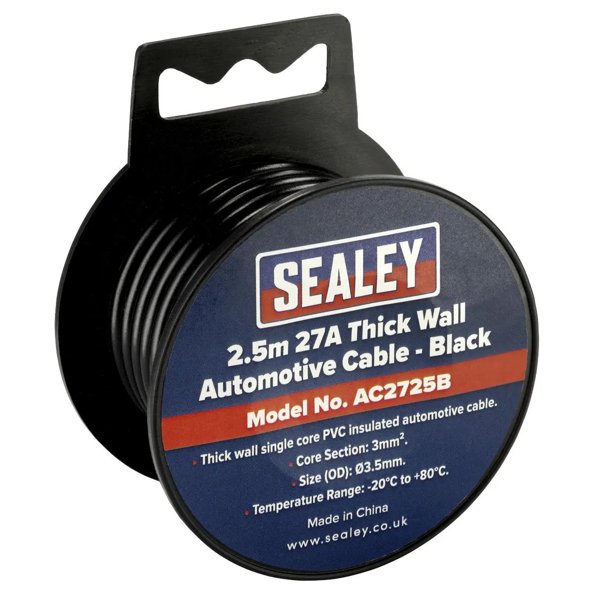 Sealey Automotive Cable Thick Wall 27A 2.5m Black 