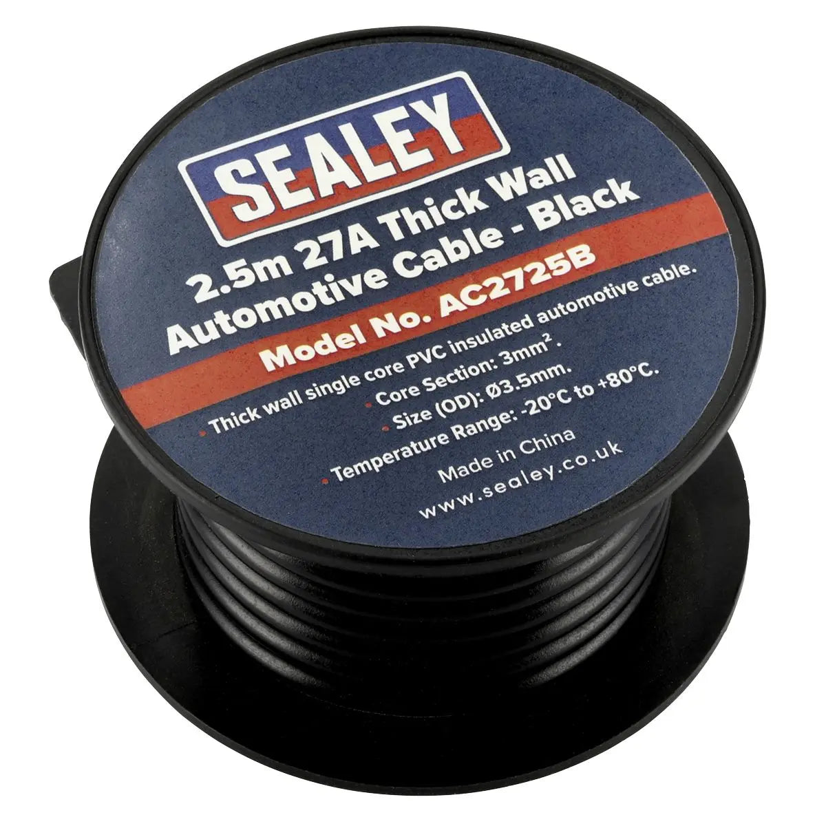 Sealey Automotive Cable Thick Wall 27A 2.5m Black 