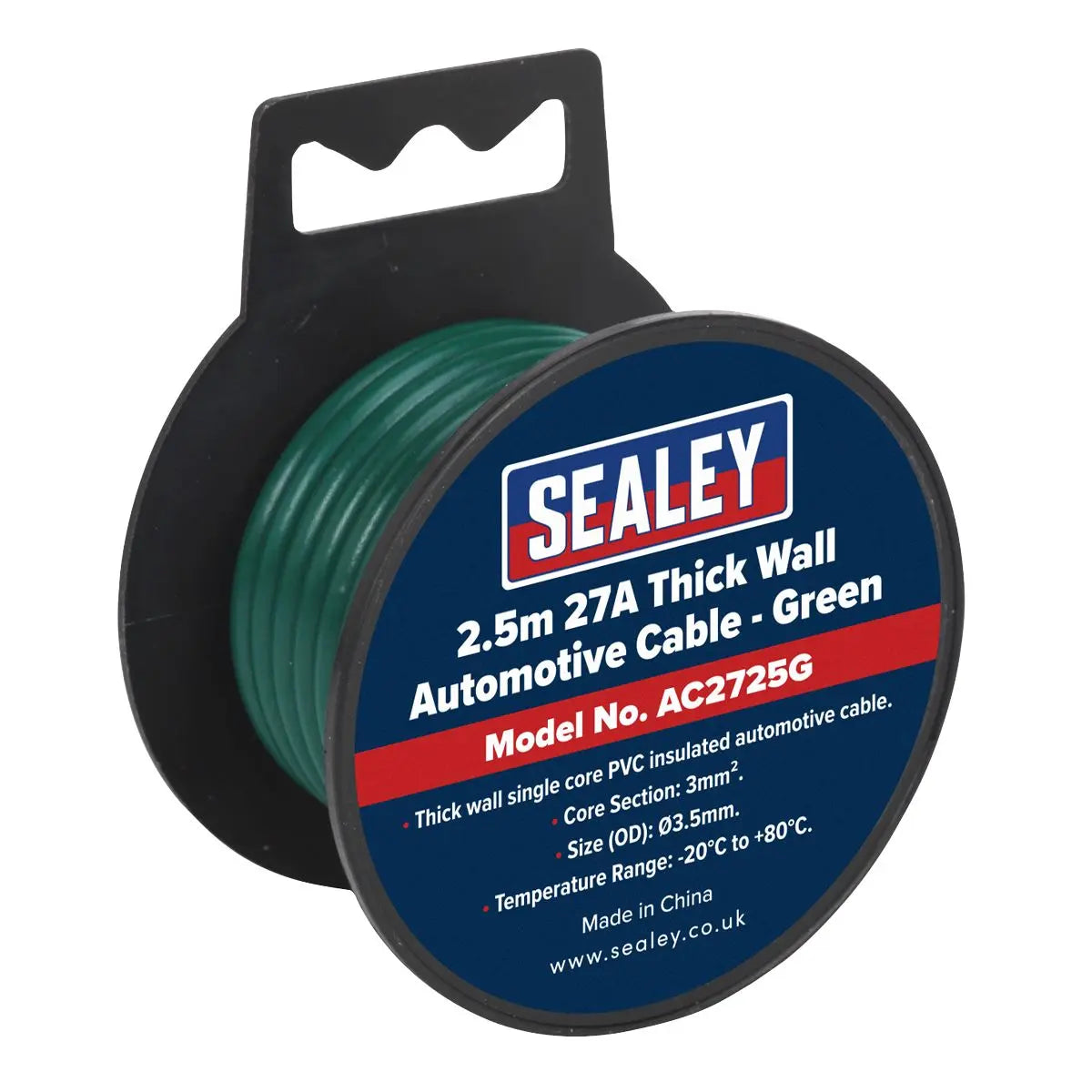 Sealey Automotive Cable Thick Wall 27A 2.5m Green 