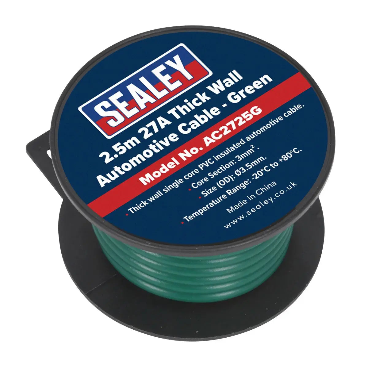 Sealey Automotive Cable Thick Wall 27A 2.5m Green 
