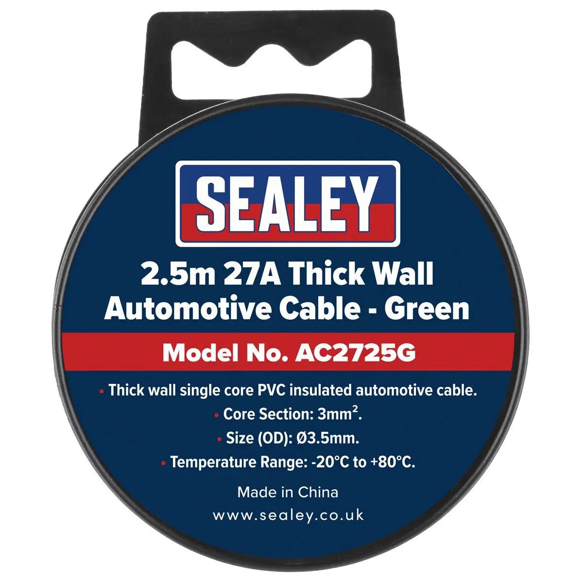 Sealey Automotive Cable Thick Wall 27A 2.5m Green 