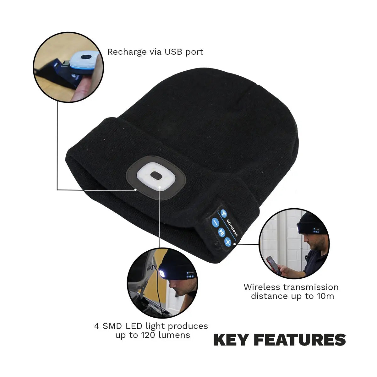 Sealey Beanie Hat 4 SMD LED Head Light with Wireless Headphones USB Rechargeable 