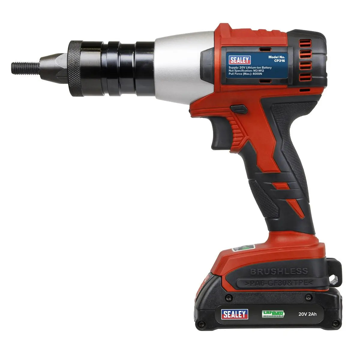 Sealey Brushless Cordless Nut Riveter 20V 2Ah Lithium-ion 
