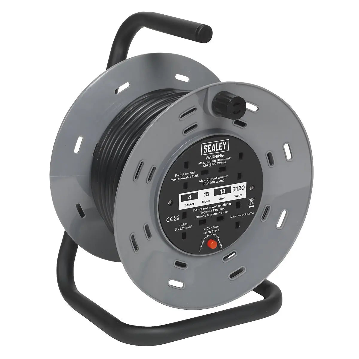 Sealey Cable Reel 15m 4 x 230V Thermal Trip 