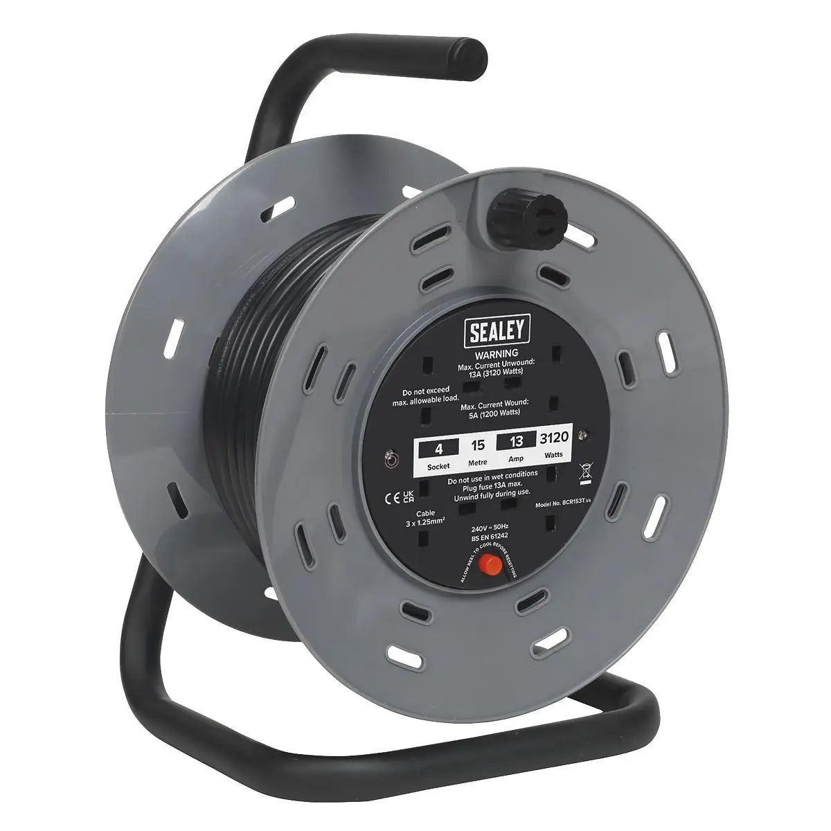 Sealey Cable Reel 15m 4 x 230V Thermal Trip 