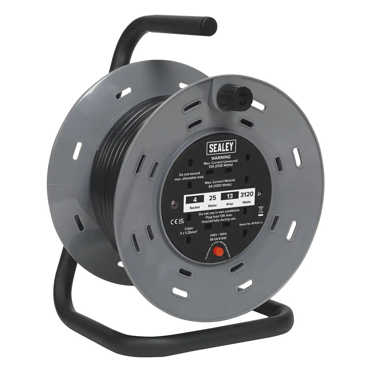 Sealey Cable Reel 25m 4 x 230V 1.25mm² Thermal Trip 
