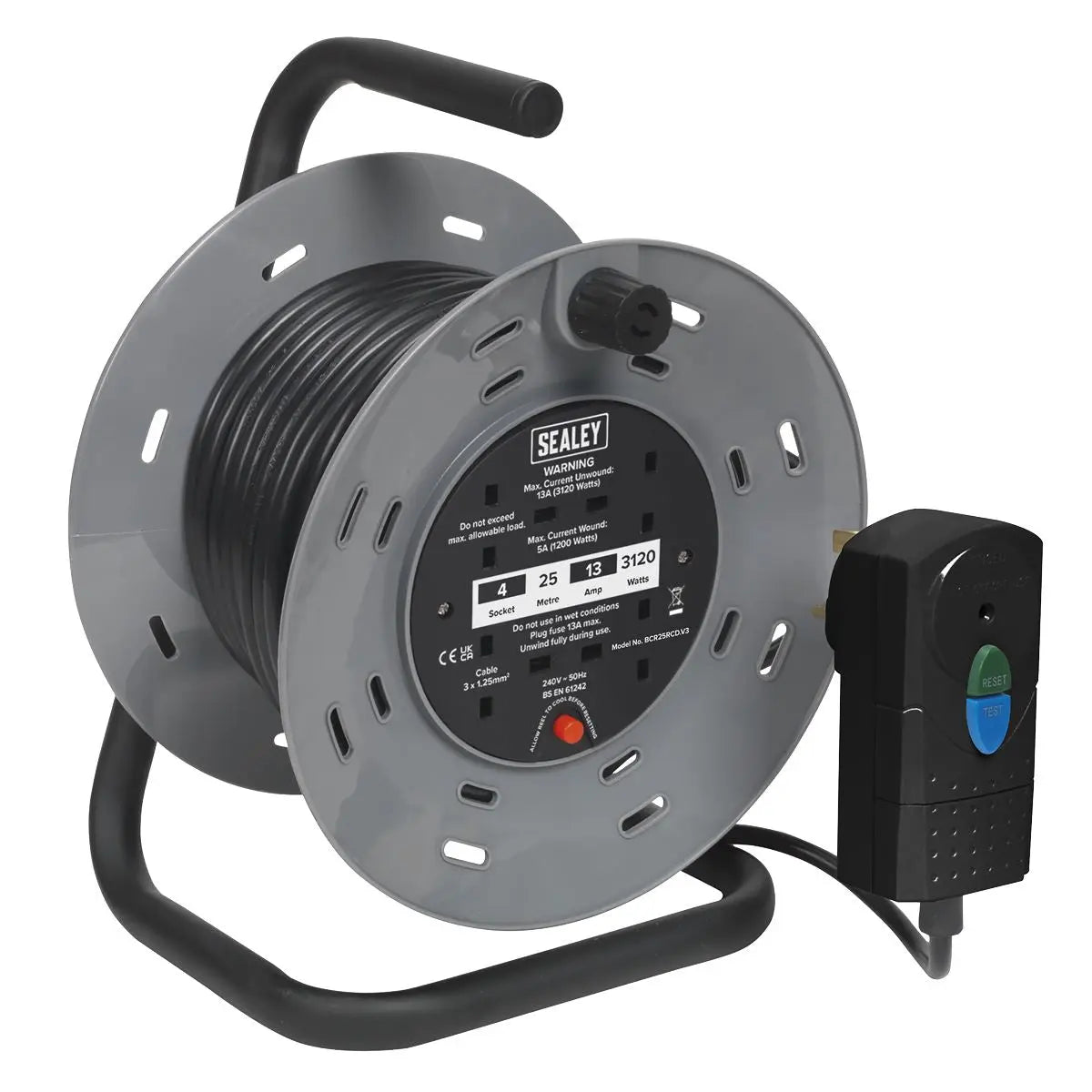 Sealey Cable Reel 25m 4 x 230V 1.25mm² Thermal Trip with RCD Plug 