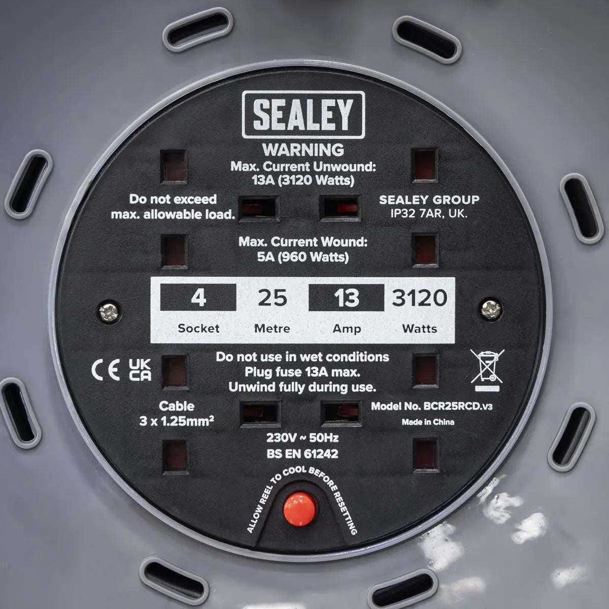 Sealey Cable Reel 25m 4 x 230V 1.25mm² Thermal Trip with RCD Plug 