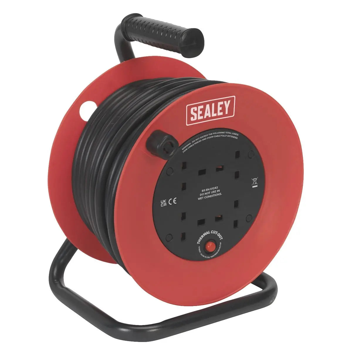 Sealey Cable Reel 25m 4 x 230V 2.5mm² Heavy-Duty Thermal Trip 