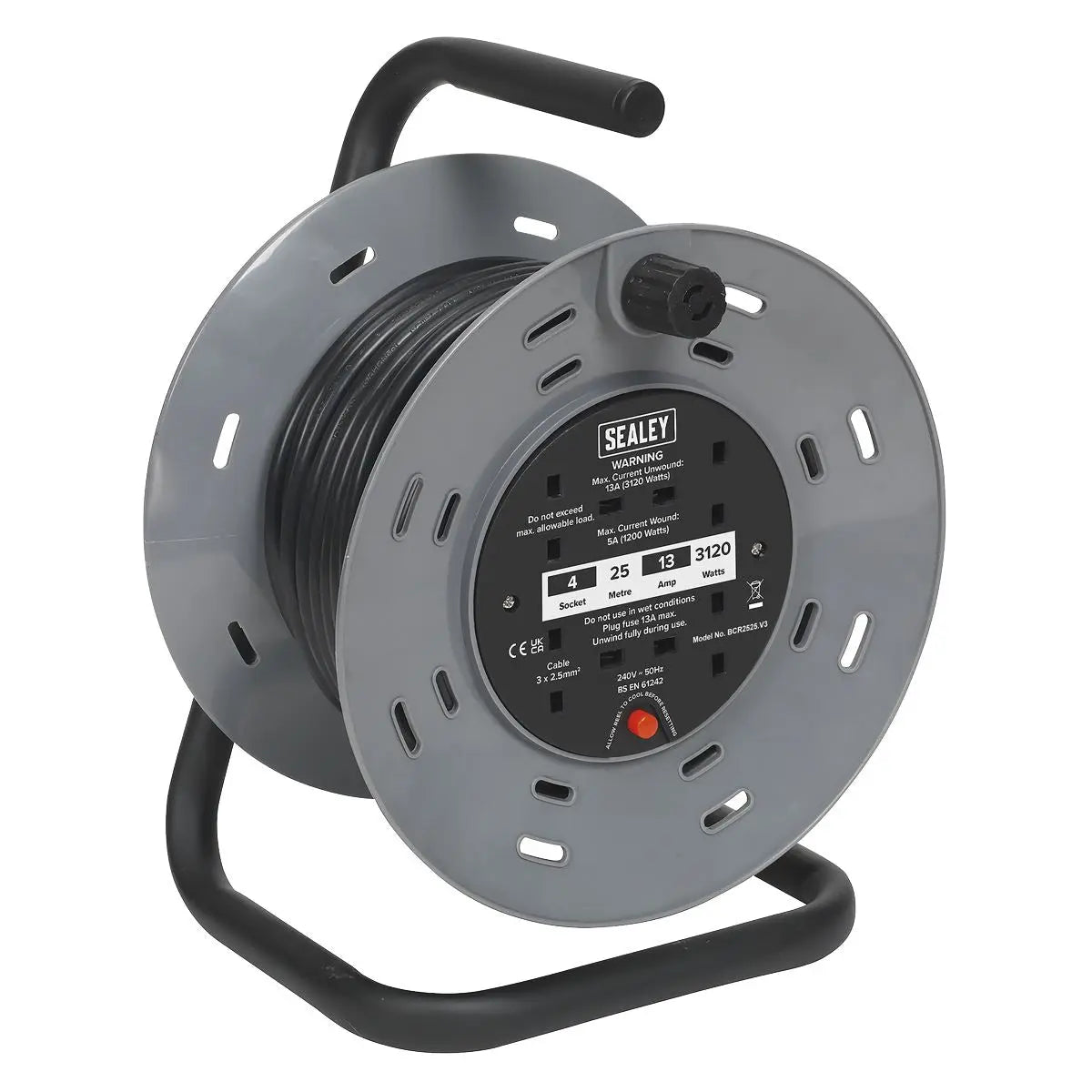 Sealey Cable Reel 25m 4 x 230V 2.5mm² Thermal Trip 