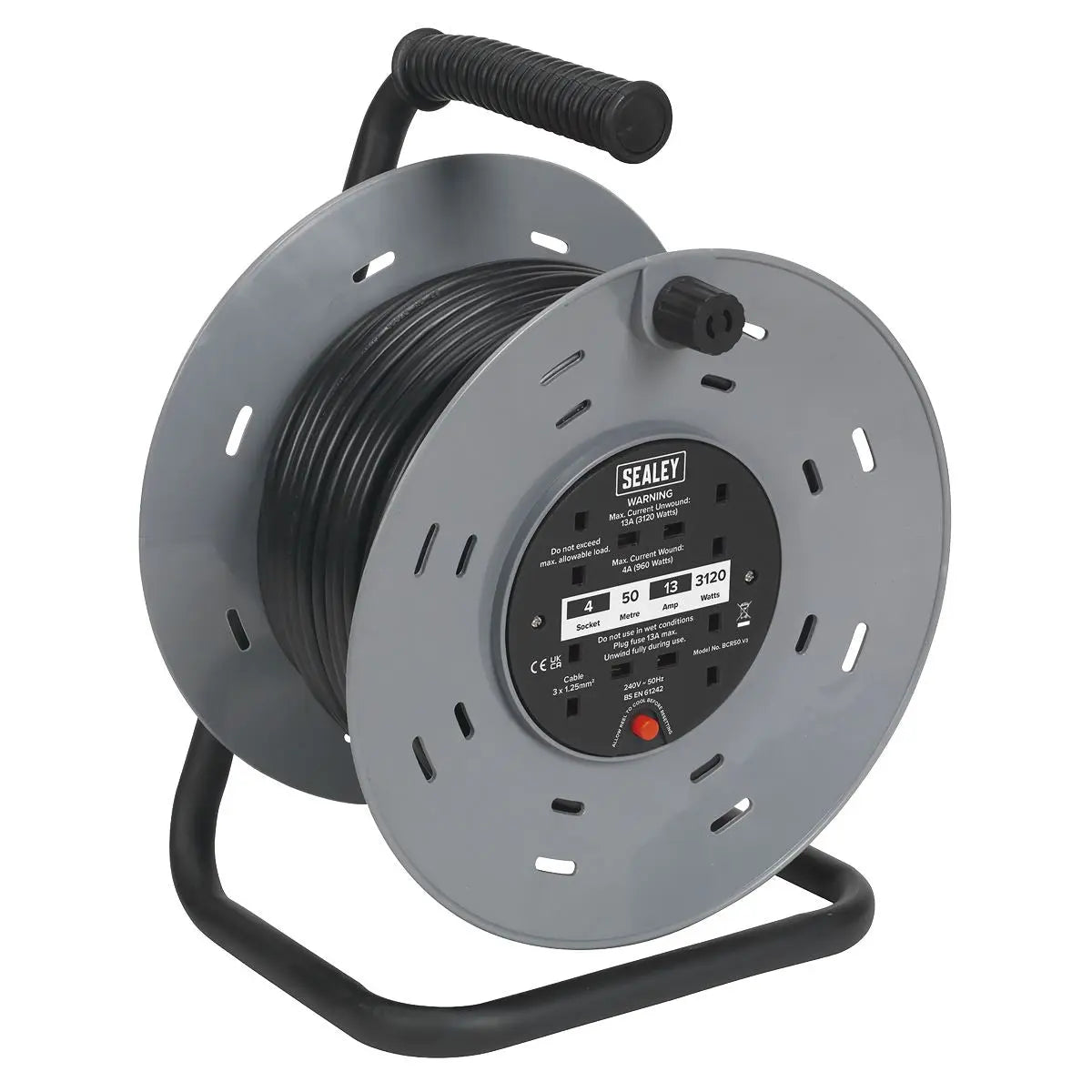 Sealey Cable Reel 50m 4 x 230V 1.25mm² Thermal Trip 