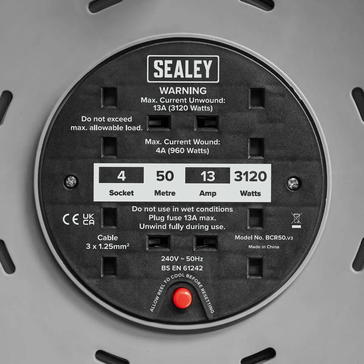 Sealey Cable Reel 50m 4 x 230V 1.25mm² Thermal Trip 