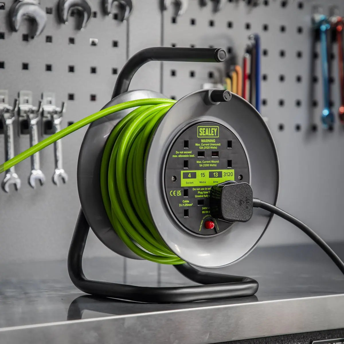 Sealey Cable Reel with Thermal Trip 4 x 230V 15m - Green  White Rose Tools