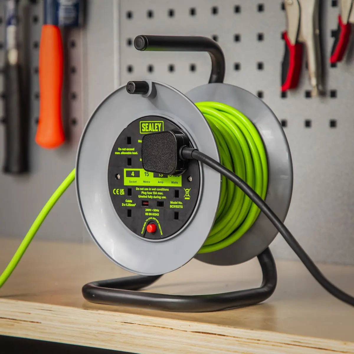 Sealey Cable Reel with Thermal Trip 4 x 230V 15m - Green  White Rose Tools