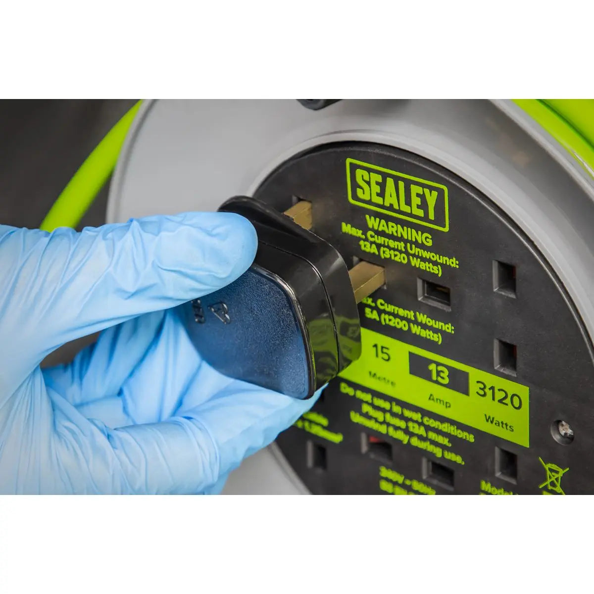 Sealey Cable Reel with Thermal Trip 4 x 230V 15m - Green  White Rose Tools