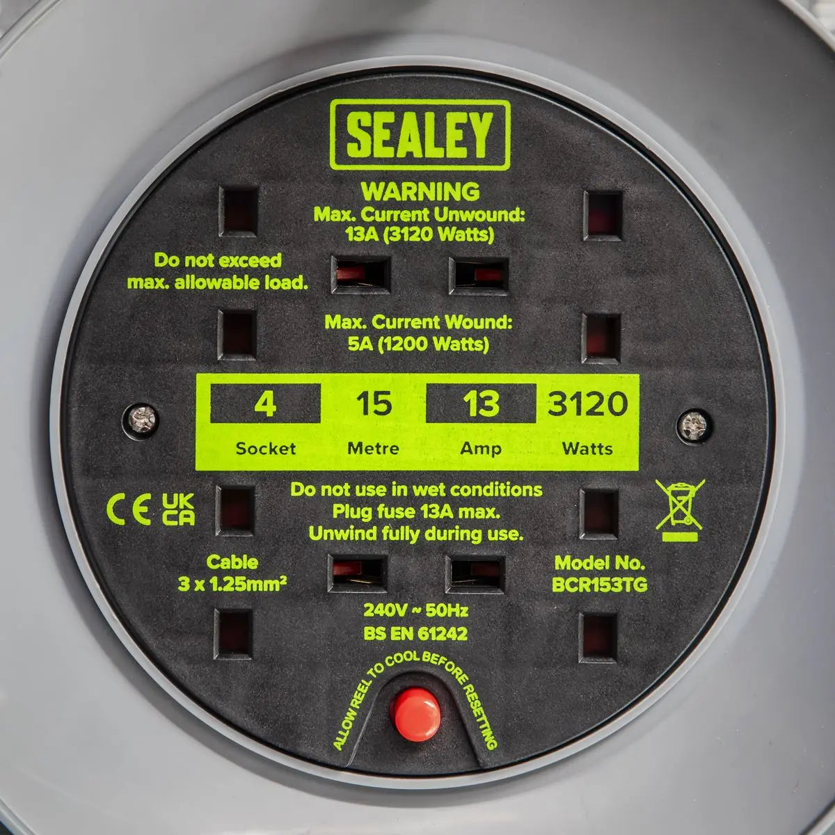 Sealey Cable Reel with Thermal Trip 4 x 230V 15m - Green  White Rose Tools