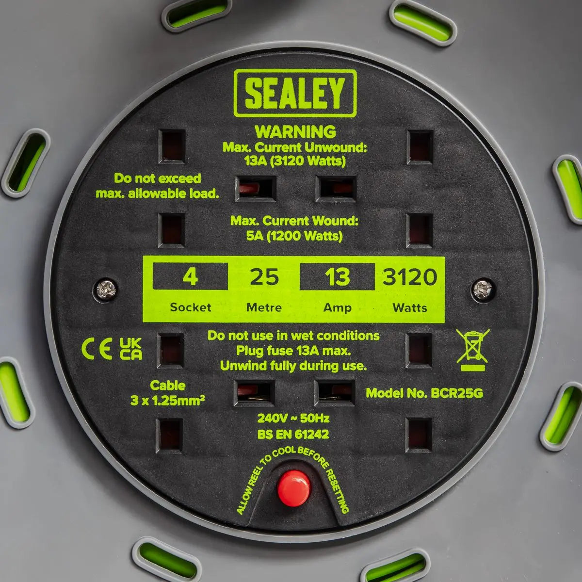 Sealey Cable Reel with Thermal Trip 4 x 230V Sockets 25m - Green  White Rose Tools