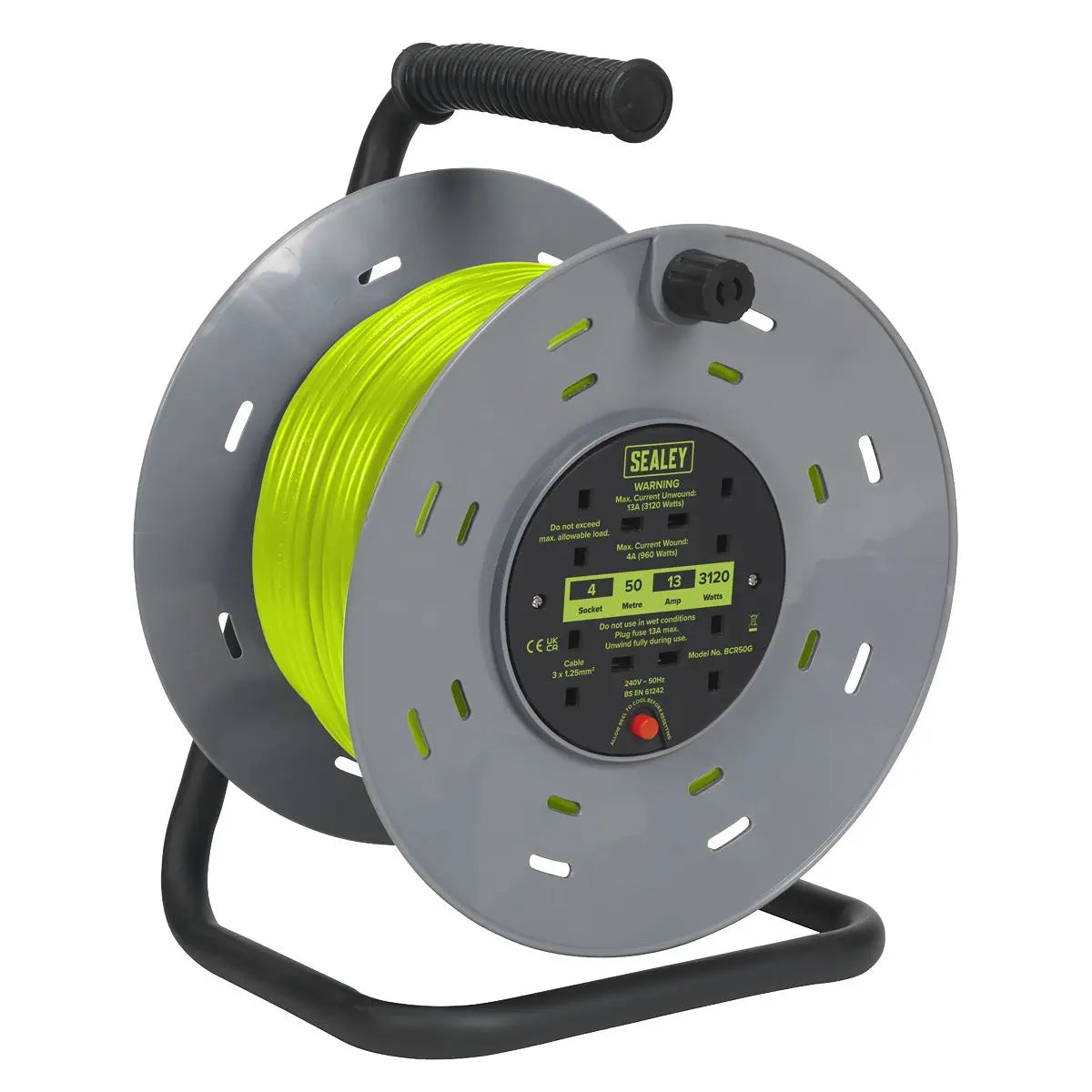 Sealey Cable Reel with Thermal Trip 4 x 230V Sockets 50m - Green  White Rose Tools