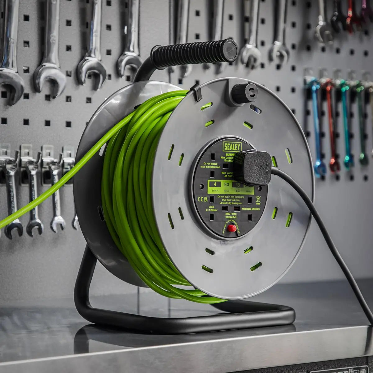 Sealey Cable Reel with Thermal Trip 4 x 230V Sockets 50m - Green  White Rose Tools