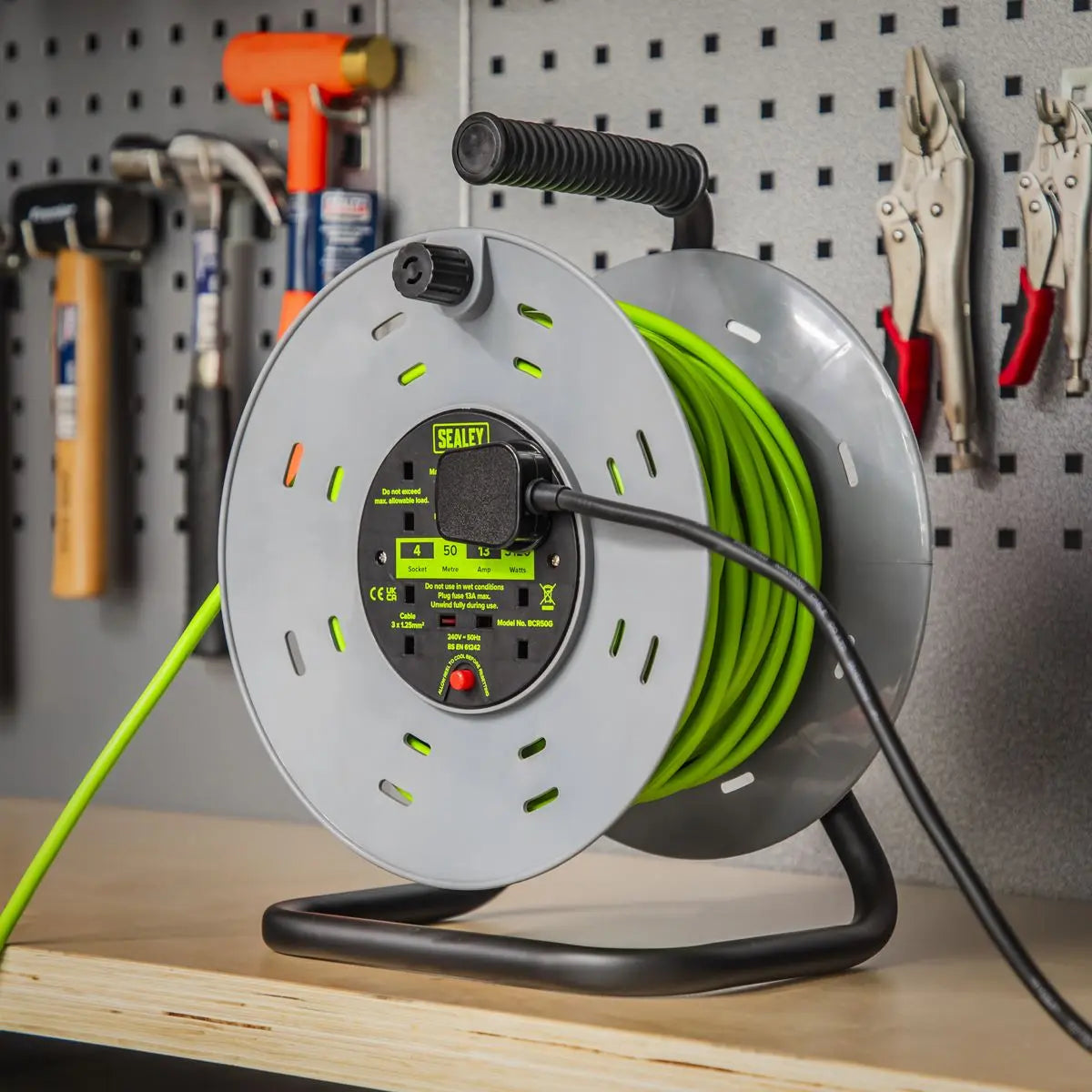 Sealey Cable Reel with Thermal Trip 4 x 230V Sockets 50m - Green  White Rose Tools