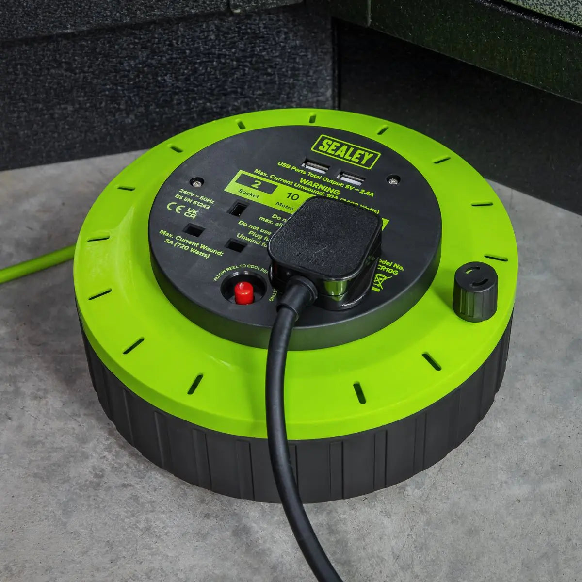 Sealey Cassette Type Cable Reel Green with Thermal Trip 2 x 230V and 2 x USB 10m  White Rose Tools