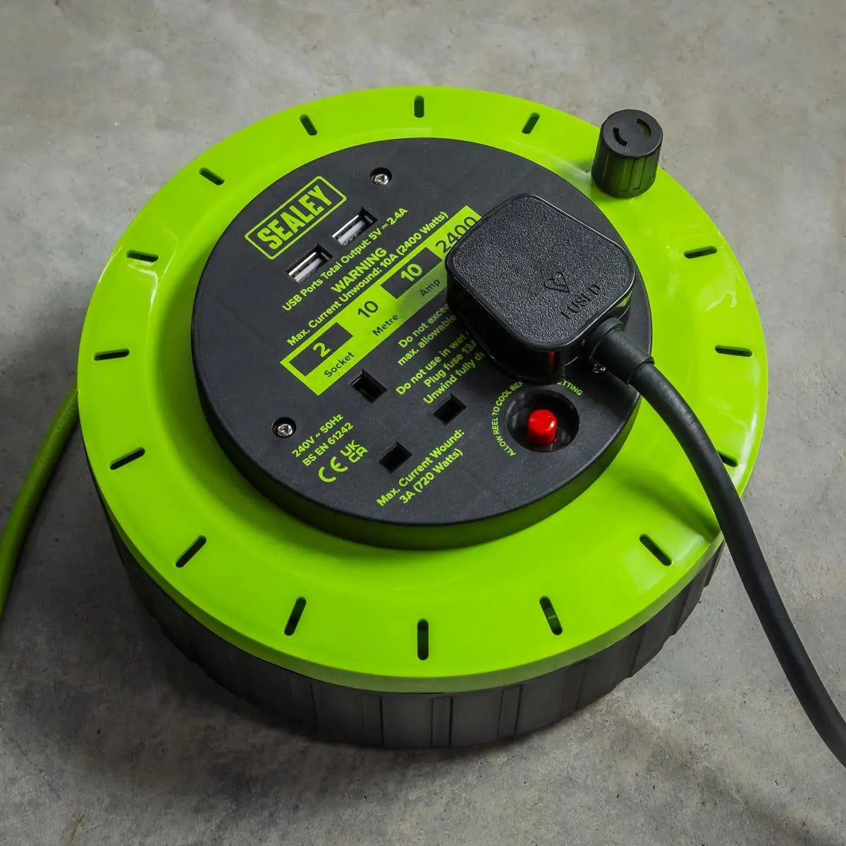 Sealey Cassette Type Cable Reel Green with Thermal Trip 2 x 230V and 2 x USB 10m  White Rose Tools