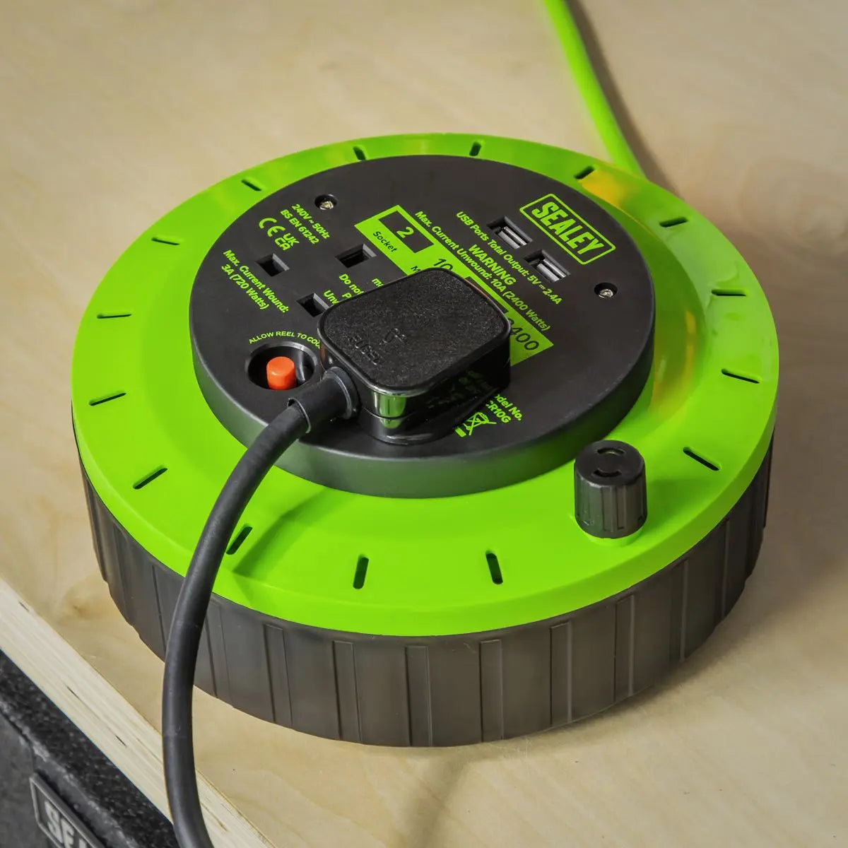Sealey Cassette Type Cable Reel Green with Thermal Trip 2 x 230V and 2 x USB 10m  White Rose Tools