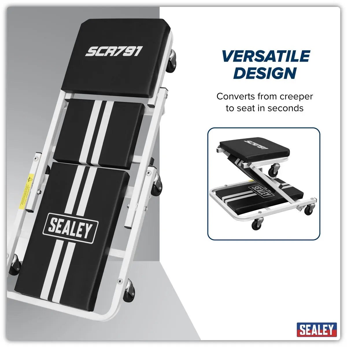 Sealey Compact Steel Creeper/Seat with 6 Wheels  White Rose Tools