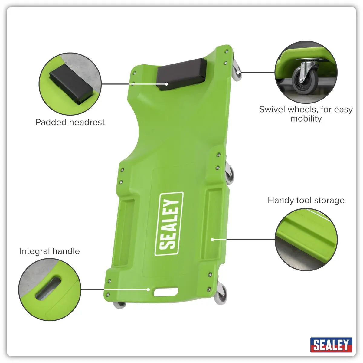 Sealey Composite Creeper with 6 Wheels - Hi-Vis Green  White Rose Tools