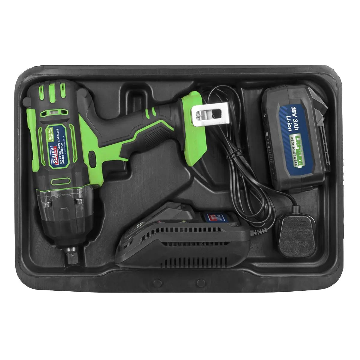 Sealey Cordless Impact Wrench 18V 3Ah Li-ion 1/2" Drive 400Nm Green Hi-Vis 
