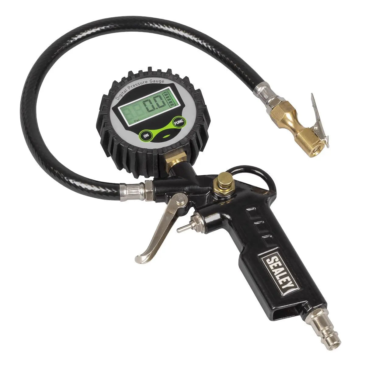 Sealey Digital Pistol Grip Tyre Inflator with Clip-On Connector  White Rose Tools