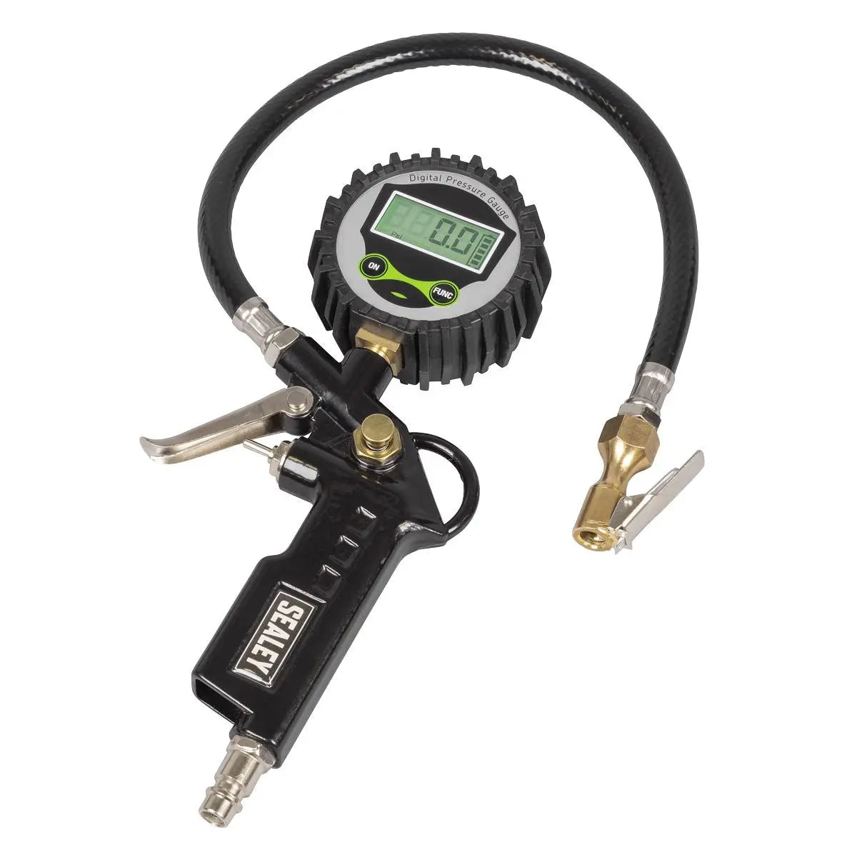 Sealey Digital Pistol Grip Tyre Inflator with Clip-On Connector  White Rose Tools