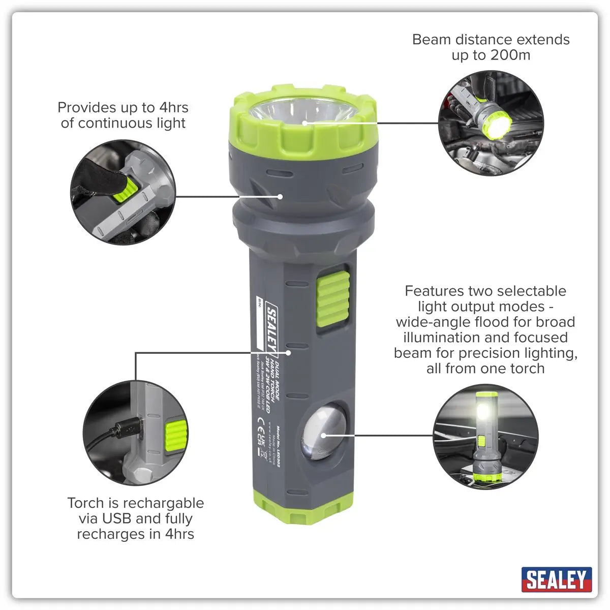 Sealey Dual Mode Hand Torch 3W & 2W COB LED  White Rose Tools