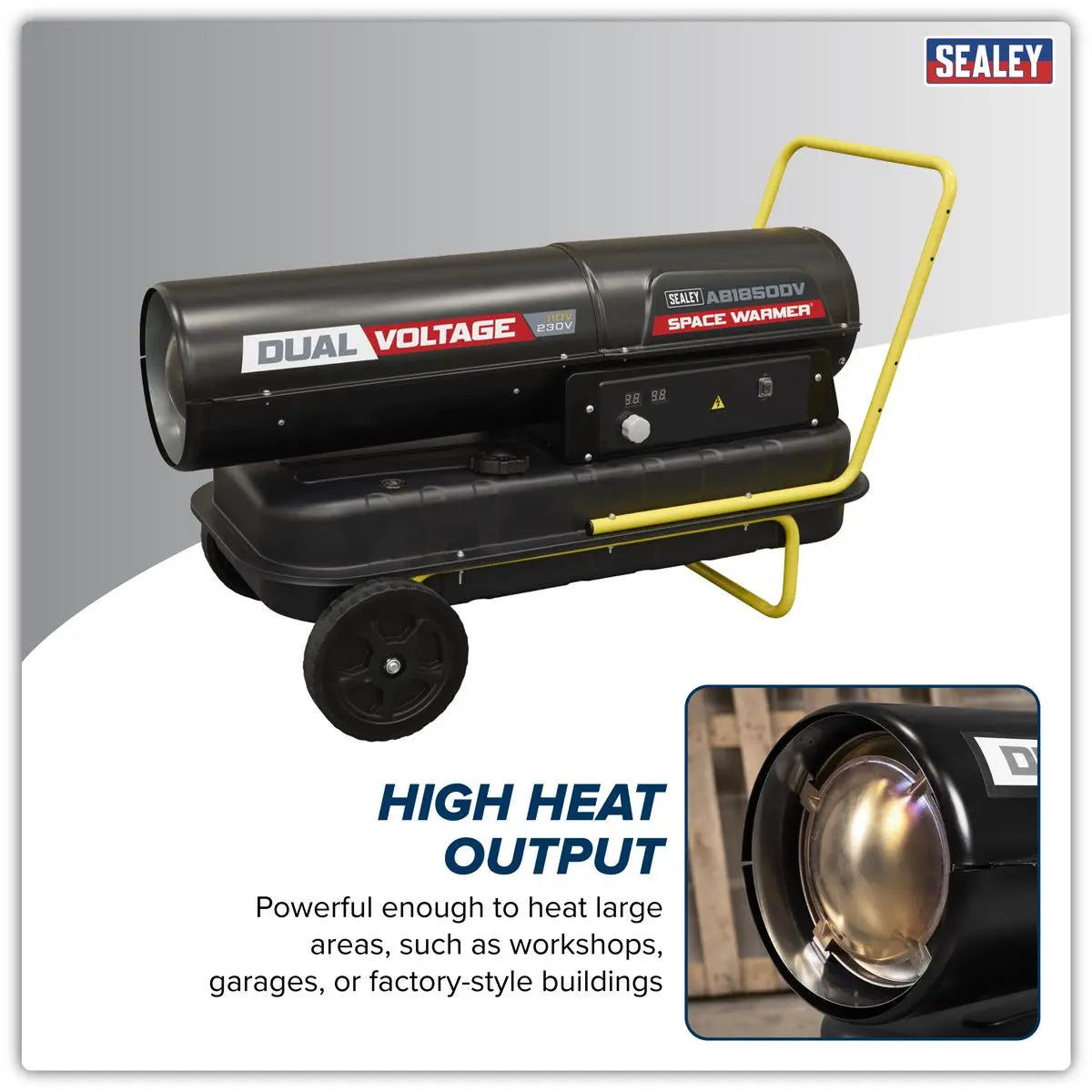 Sealey Dual Voltage Space Warmer® Kerosene/Diesel Heater with Wheels 185,000Btu/hr(55kW)  White Rose Tools