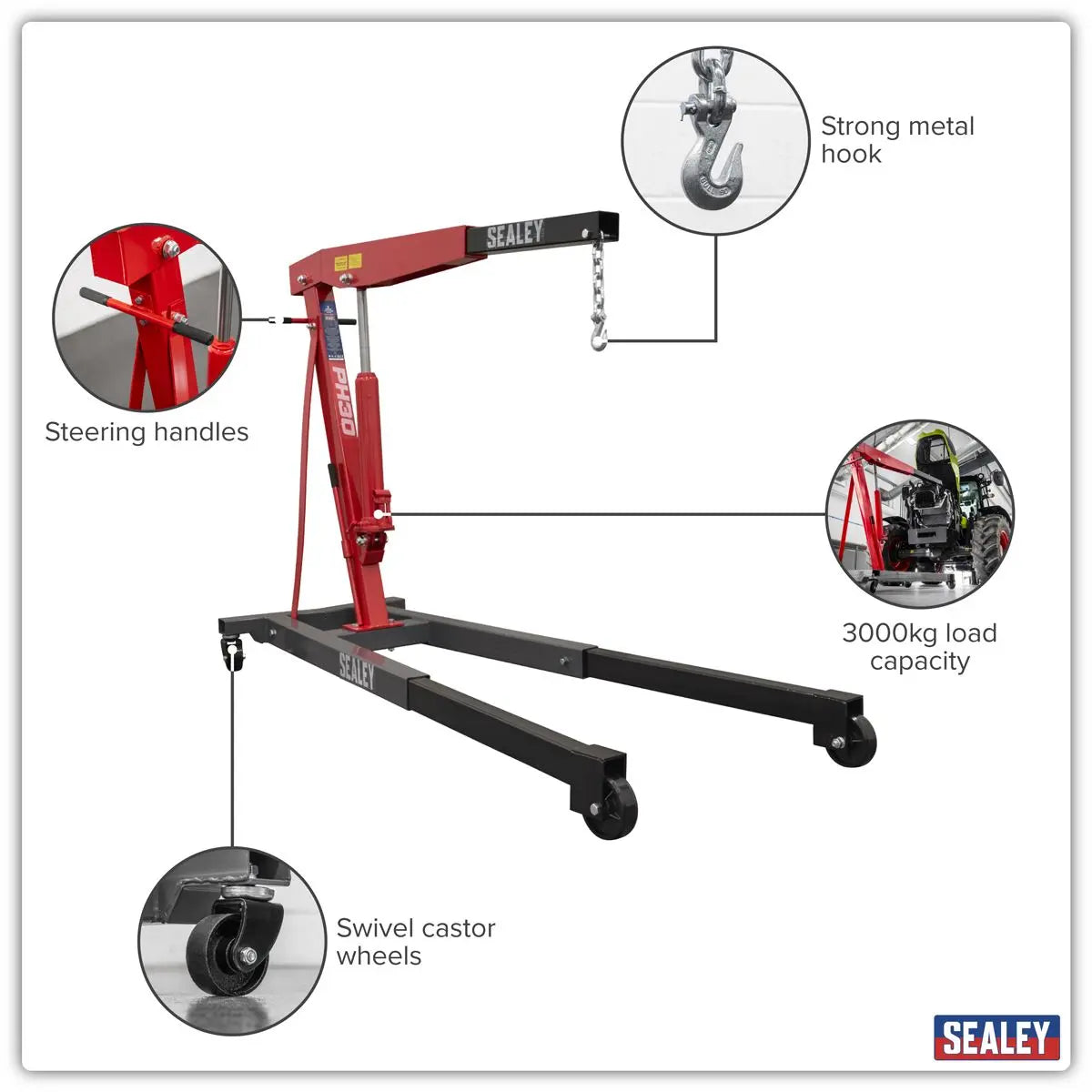 Sealey Fixed Frame Engine Crane with Extendable Legs 3 Tonne  White Rose Tools