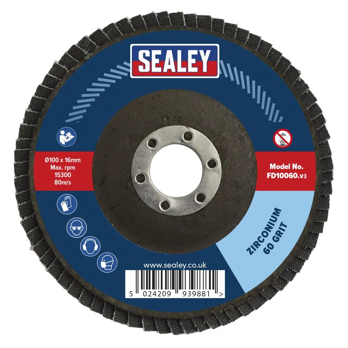 Sealey Flap Disc Zirconium Ø100mm Ø16mm Bore 60Grit 